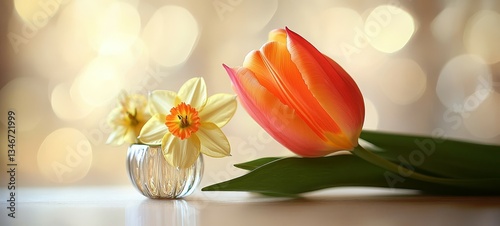 Obraz na płótnie Minimalist Tulip & Daffodil Duo, Tulips and daffodils w salonie