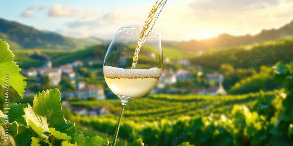 Obraz premium Elegant White Wine Pouring in Golden Sunset Vineyard