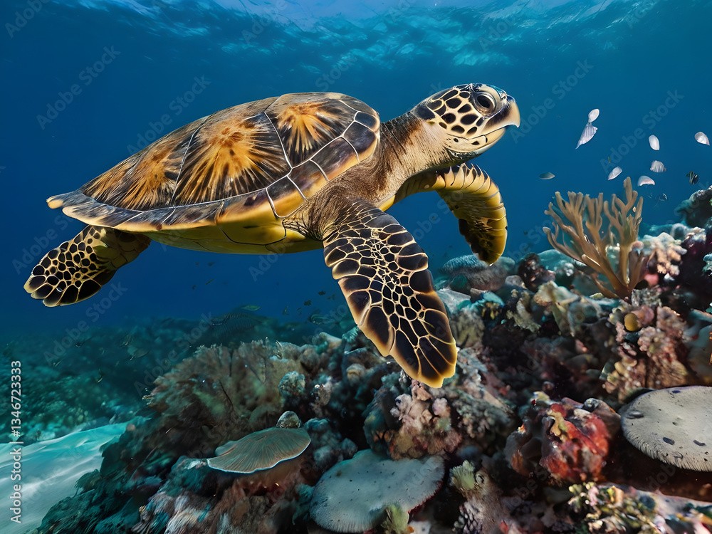 Fototapeta premium Underwater World: Sea turtle gliding gracefully through the crystal-clear blue waters above a vibrant coral reef, a testament to the underwater world's beauty and a vibrant symbol of marine life.
