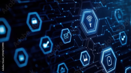 Abstract AI Powered Cyber Defense Concept with Digital Icons and Connections in Technology Background