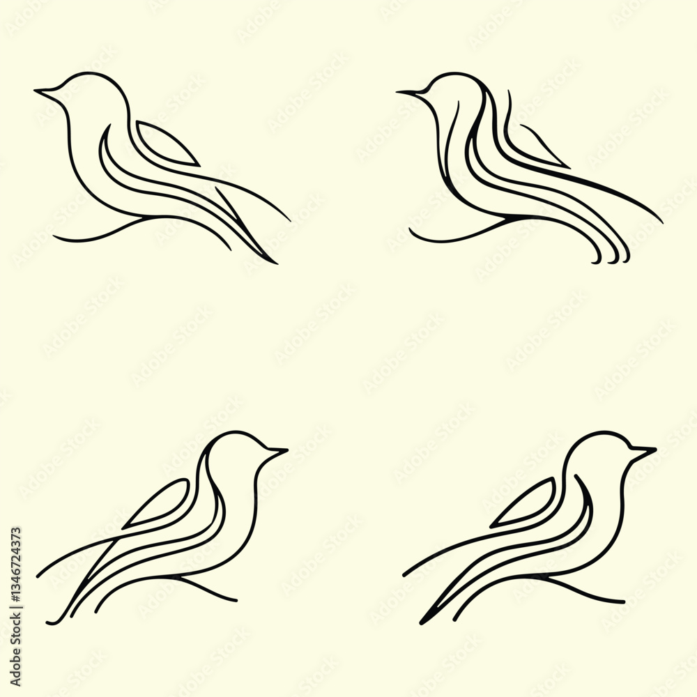 Obraz premium Elegant Bird Line Art: Four minimalist illustrations of birds rendered in elegant, flowing line art, capturing the essence of flight and grace with simplicity.