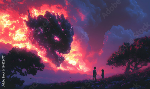 Two children gaze in awe at a fiery, monstrous cloud formation resembling a dragon's head in a breathtaking sunset