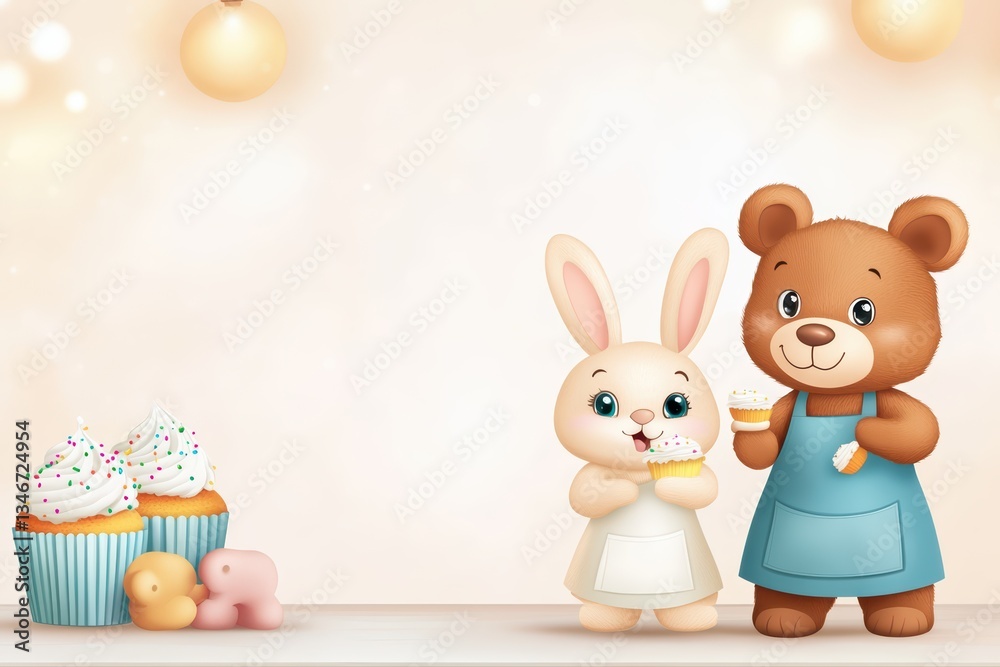Fototapeta premium Cute Bunny and Bear Baking Together with Cupcakes in an Illustrated Background Scene