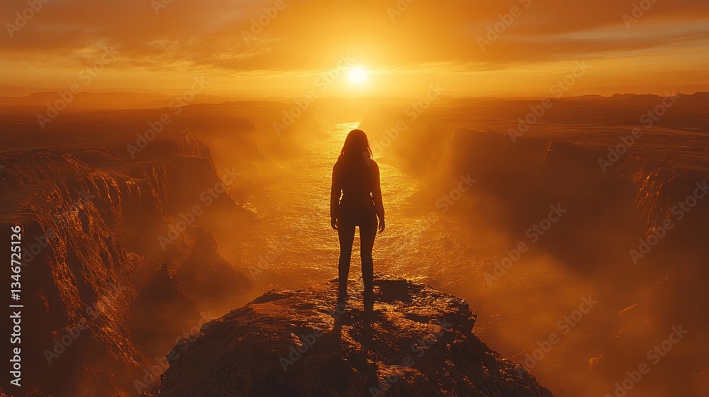 Fototapeta premium Woman on peak, golden sunset
