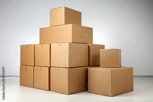 Cardboard boxes, stacked, moving day, storage, shipping, logistics, brown corrugated cardboard, multiple sizes, pyramid arrangement, clean background, studio lighting