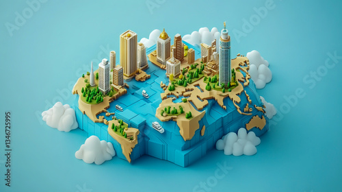3D isometric illustration depicting a global business strategy concept