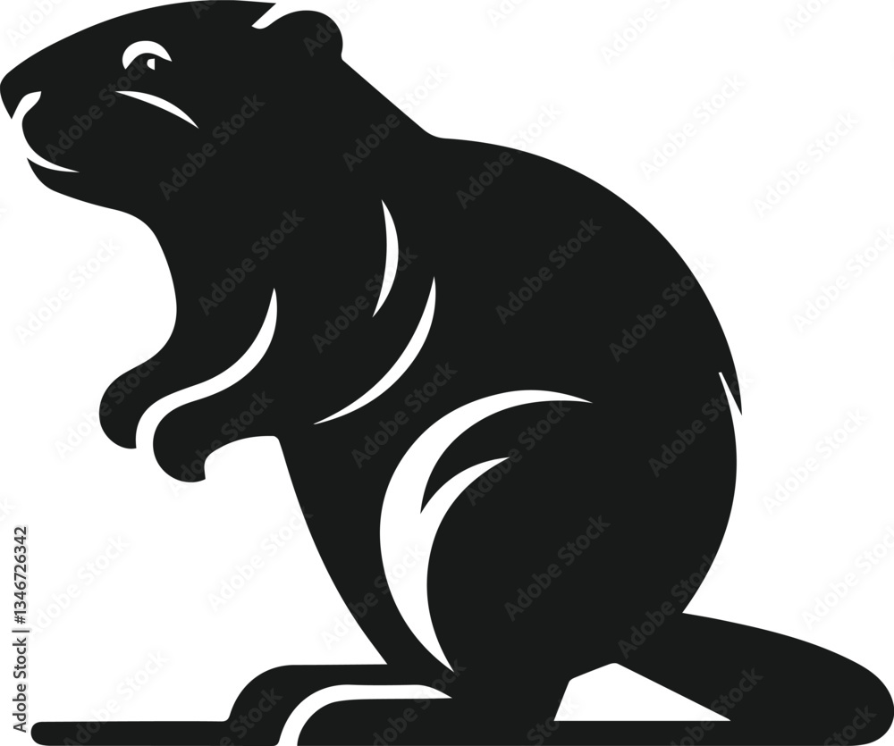 Fototapeta premium Beaver balancing on its hind legs and looking curious vector silhouette