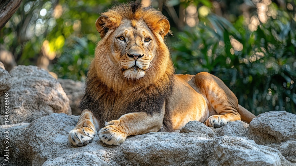 Obraz premium Majestic lion resting on rocks