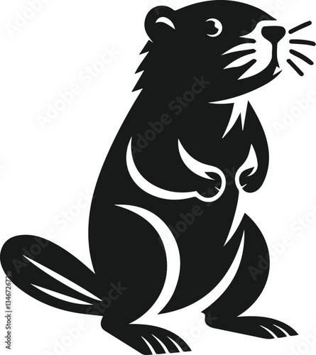 Beaver balancing on its hind legs and looking curious vector silhouette