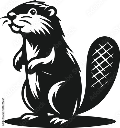 Beaver balancing on its hind legs and looking curious vector silhouette