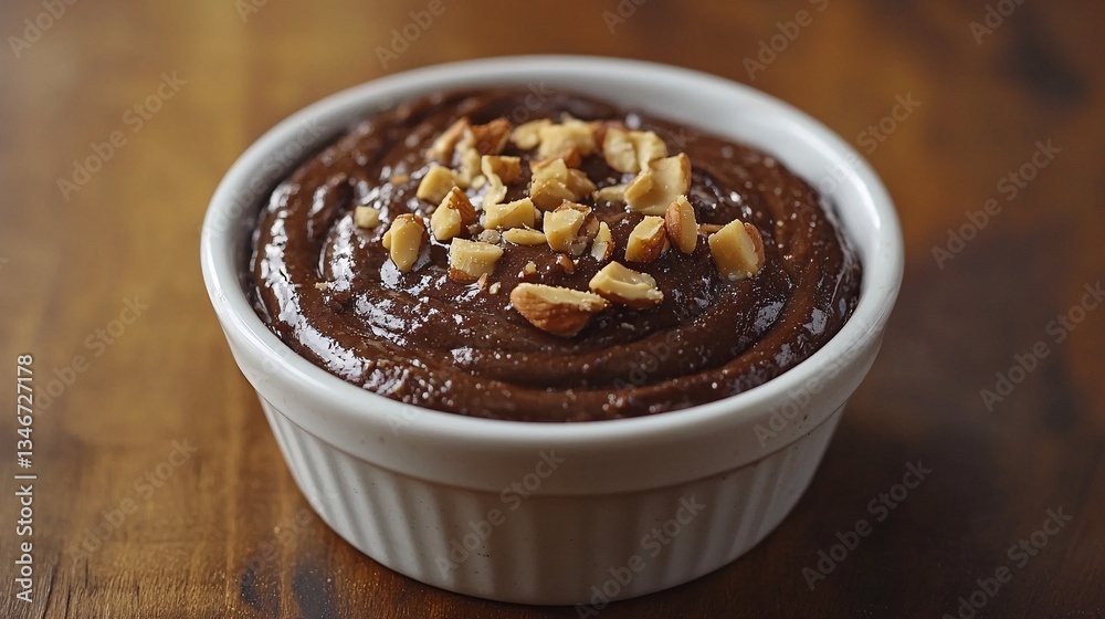 A creamy chocolate dessert topped with chopped nuts, served in a small white bowl on a wooden surface. A creamy chocolate dessert topped with chopped nuts, served in a small white bowl on a wooden surface.