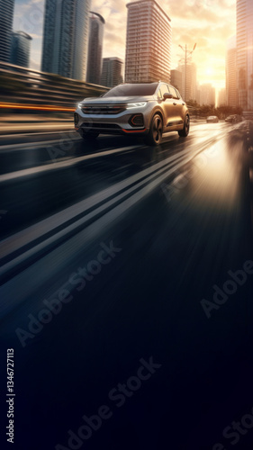 Photography of MPVcar driving on city road background.