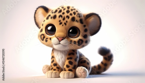 Cute 3D baby leopard sitting with golden fur and black rosettes, isolated