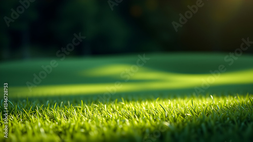 A pristine golf course with beautifully manicured green grass, rolling fairways, and peaceful natural surroundings. Calm, elegant outdoor scene of sport and landscape design.