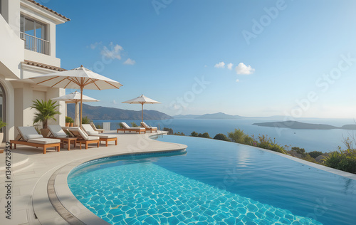 Fantastic private villa, terrace view with sun beds chairs under umbrella, luxury pool hotel stunning summer pattern. Beautiful spa or wellness, recreational vacation resort tourism. Tranquil sea 
