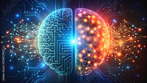 A futuristic fusion of a human brain and a digital neural network