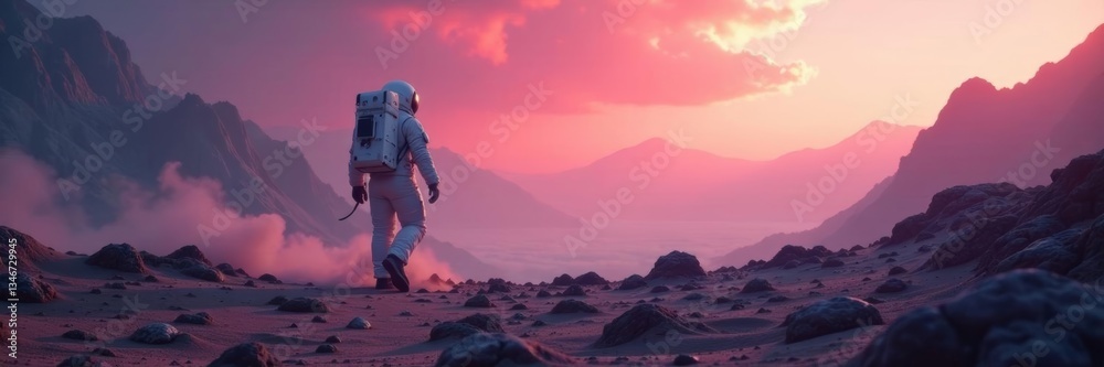Obraz premium Astronaut in space suit walking through misty light on alien planet, suit, astronaut