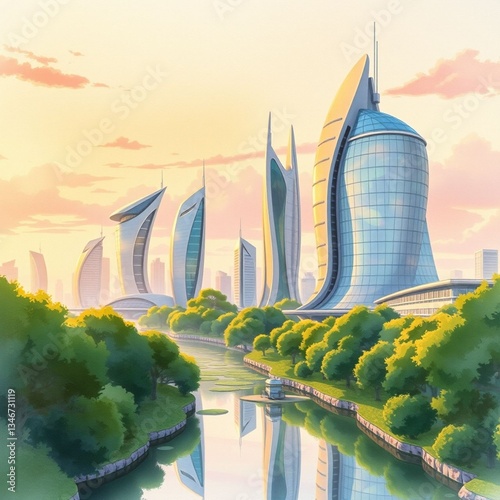 Futuristic cityscape with shimmering skyscrapers and lush greenery