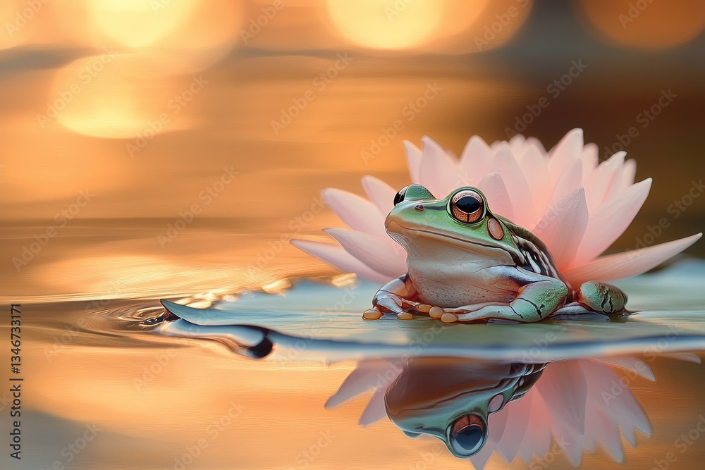 Serene Pond at Dusk, Frog and lily pads