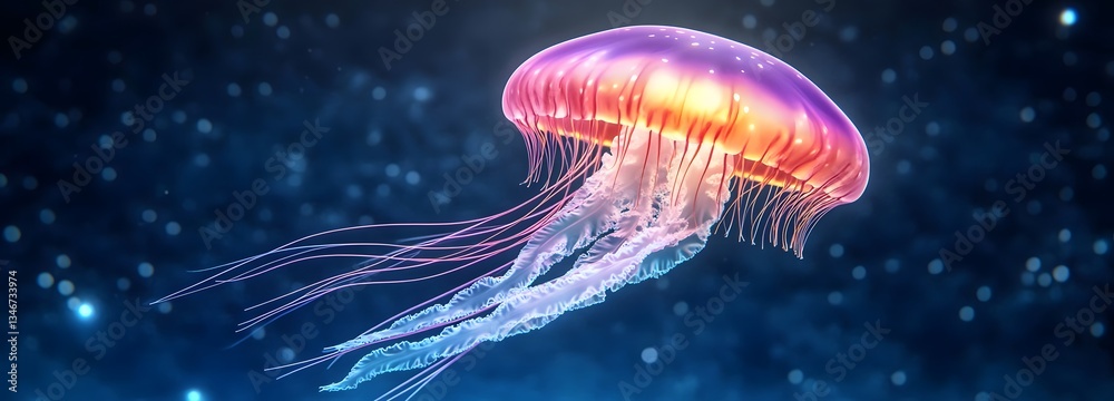 Fototapeta premium A glowing jellyfish floating through an alien ocean, its tentacles illuminating the deep with bioluminescent colors