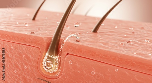 Microscopic View Of Hair Follicle With Water Droplets On Pink Skin