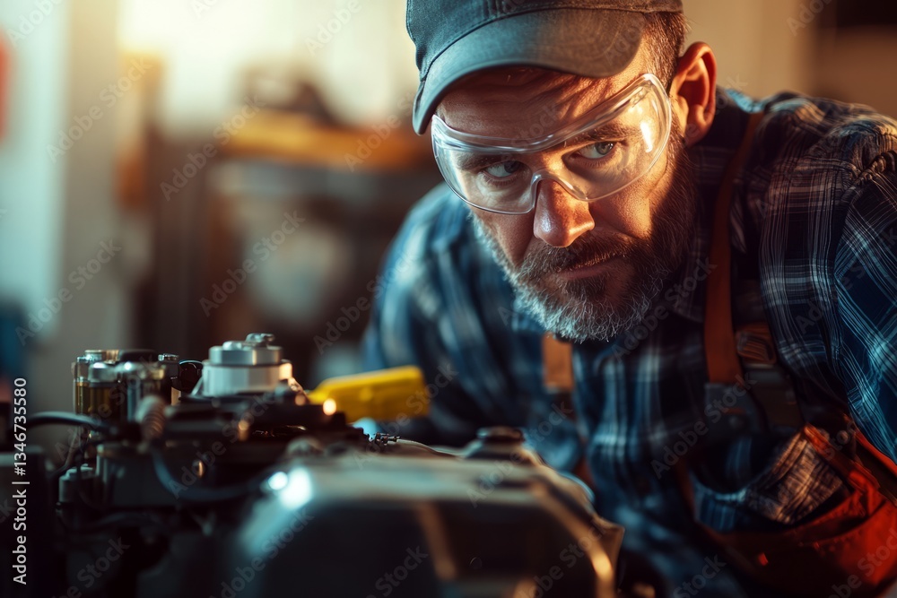 Focused Mechanic Working on Engine in Workshop with Tools and Equipment and Safety Gear