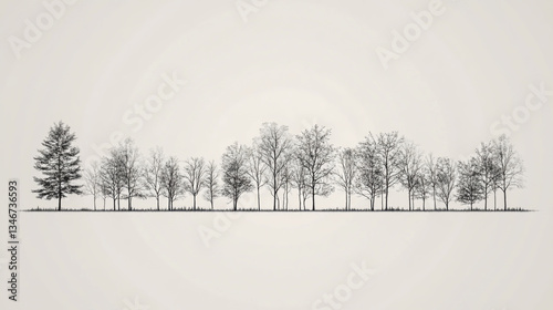Minimalist architectural CAD-style tree line drawings, side view