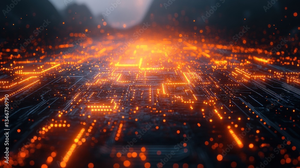 Fototapeta premium Fiery Circuit Board Pathway Through Mountainous Landscape