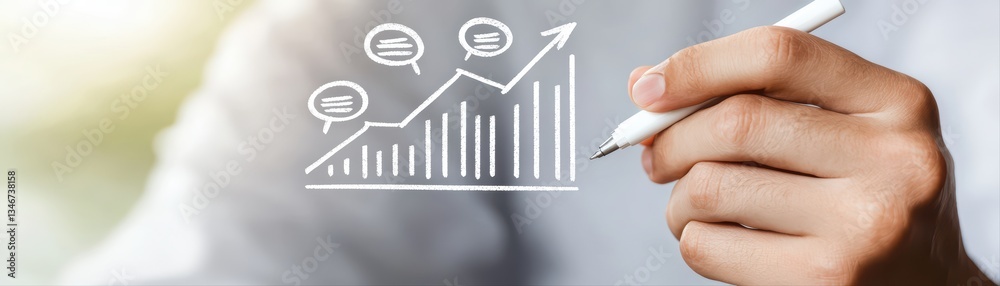 Hand with Pen Illustrating Sales Performance Concept with Trend Graph and Speech Bubbles Hand with Pen Illustrating Sales Performance Concept with Trend Graph and Speech Bubbles