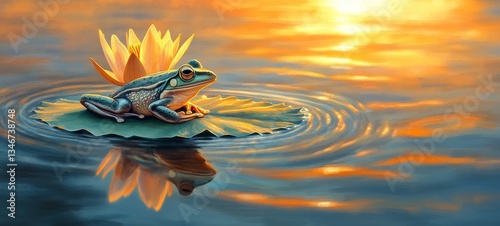 Serene Pond at Dusk, Frog and lily pads