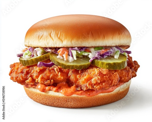 Crispy fried chicken sandwich with pickles and coleslaw on bun