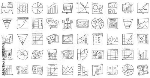 Hand drawn business charts and graphs collection, including bar, pie, and line charts