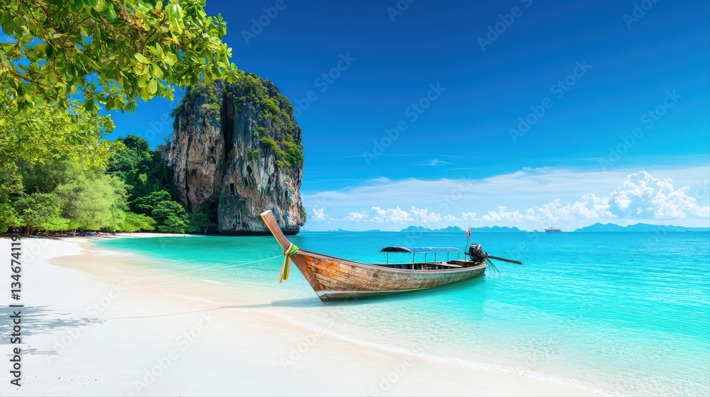 Obraz premium Breathtaking Tropical Beach View with Clear Water and Traditional Boat in Scenic Paradise