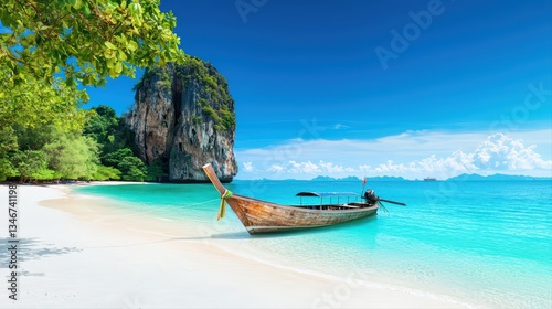 Breathtaking Tropical Beach View with Clear Water and Traditional Boat in Scenic Paradise