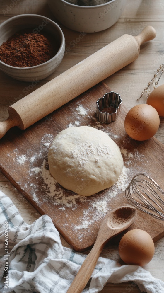 Rustic kitchen scene with fresh dough on a wooden board. Rolling pin, eggs, and baking tools suggest homemade bread, pastry, and traditional cooking preparation. Rustic kitchen scene with fresh dough on a wooden board. Rolling pin, eggs, and baking tools suggest homemade bread, pastry, and traditional cooking preparation.