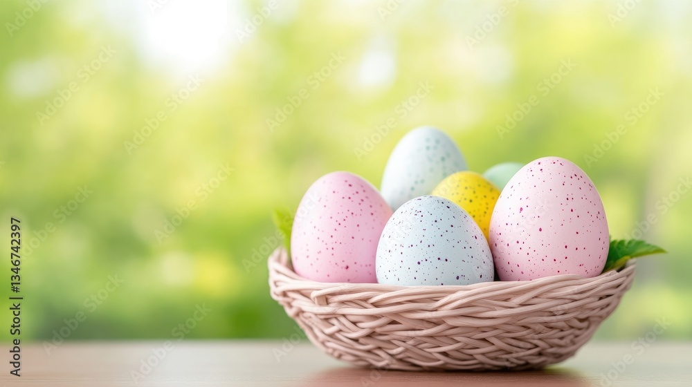 Fototapeta premium Colorful Easter eggs in a woven nest, springy bokeh background