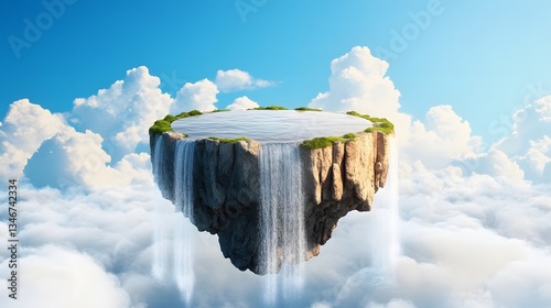 A podium atop a floating rock island, surrounded by waterfalls cascading into the sky.