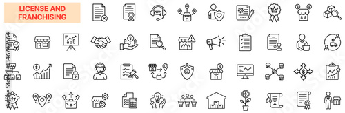 License & Franchising Icon Set – Business Agreements, Legal Contracts, Brand Expansion, Franchise Ownership, Copyright, Trademark, Retail Chains, Investment, Regulatory Compliance