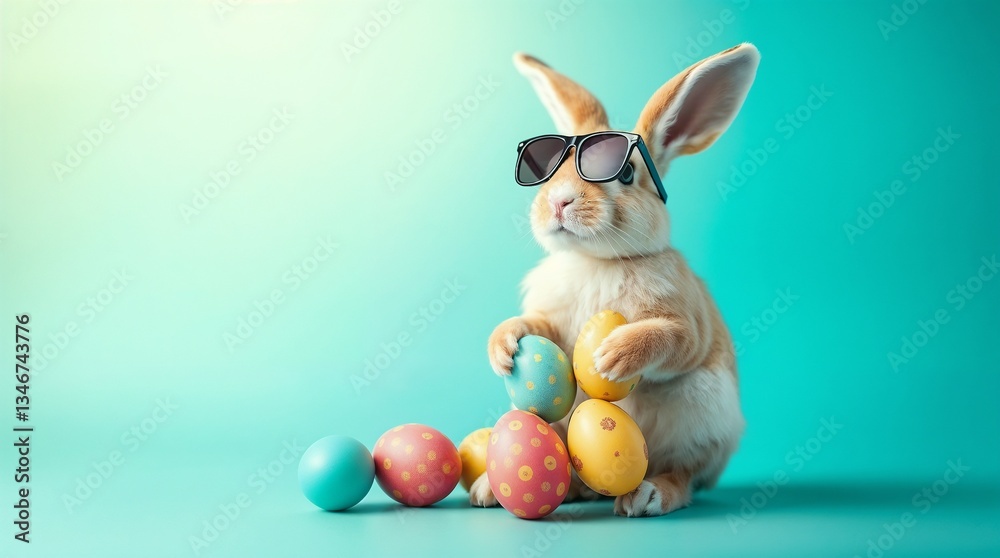 Fototapeta premium An easter bunny rabbit wearing sunnies sunglasses holding colourful easter eggs against a turquoise isolated background with room for text