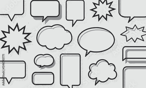 A modern vector-style illustration of various comic speech bubbles with halftone shadows, easily editable.