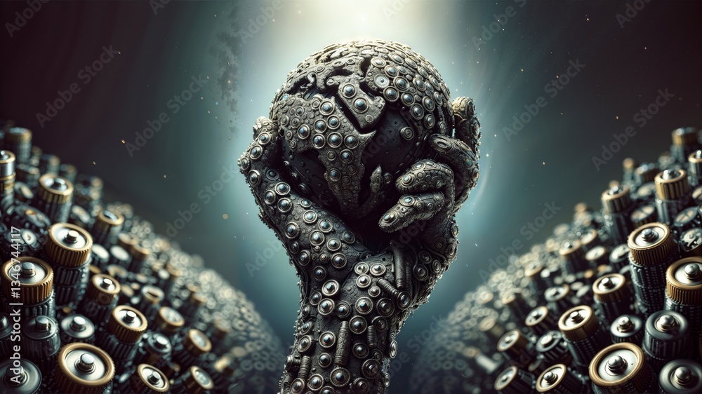 Battery Hand Holding Sphere. Close-up of a metallic hand made of batteries holding a spherical object covered in batteries in dramatic studio lighting.
