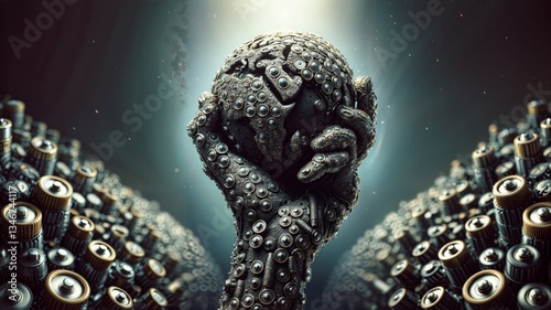 Battery Hand Holding Sphere. Close-up of a metallic hand made of batteries holding a spherical object covered in batteries in dramatic studio lighting.