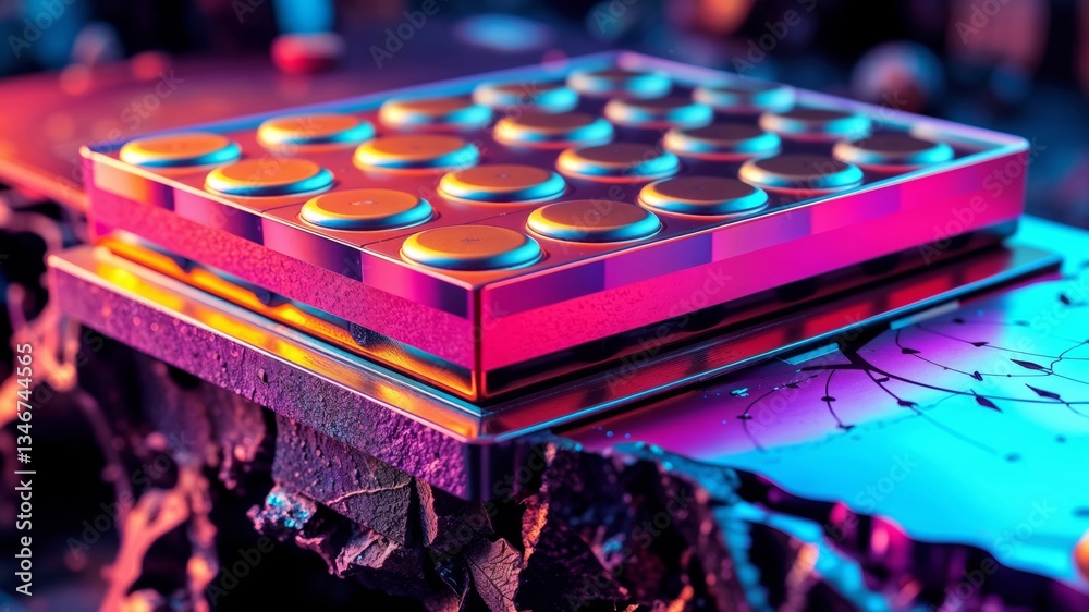 Bright pink and blue microchip close-up. Detailed macro image of a colorful microchip with vibrant pink and blue hues.