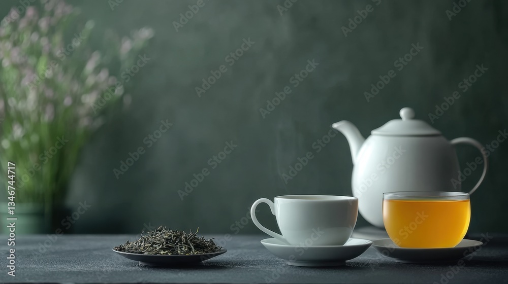 custom made wallpaper toronto digitalSerene Afternoon Tea Scene with Teacups, Teapot, and Loose Leaf Tea on Dark Table Surrounded by Gentle Floral Accents in Soft Natural Light