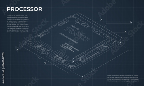 Isometric processor blueprint. Central processing unit or CPU. Computer hardware components. Semiconductor technology concept. Vector illustration