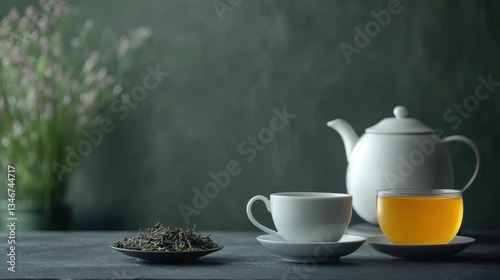 Wallpaper Mural Serene Afternoon Tea Scene with Teacups, Teapot, and Loose Leaf Tea on Dark Table Surrounded by Gentle Floral Accents in Soft Natural Light Torontodigital.ca
