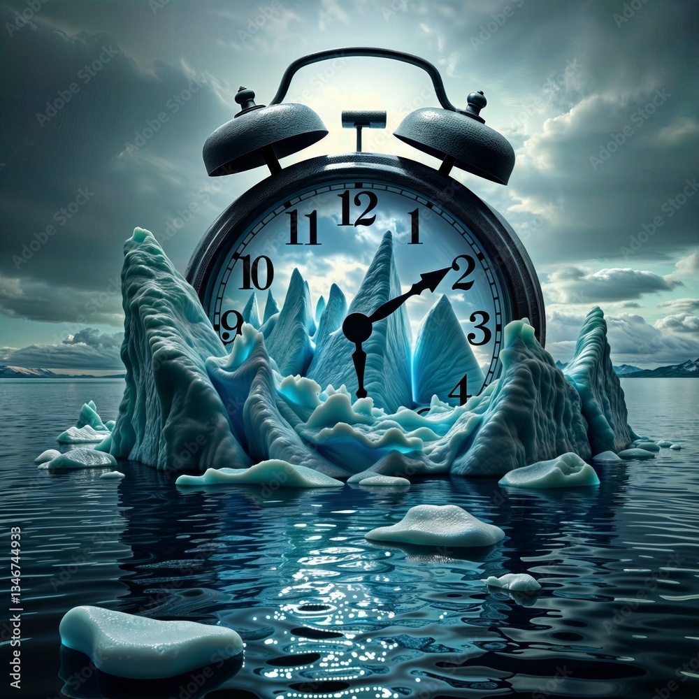 Climate change concept. Surreal composite of alarm clock with melting icebergs and glaciers in teal water representing urgent time for climate action.