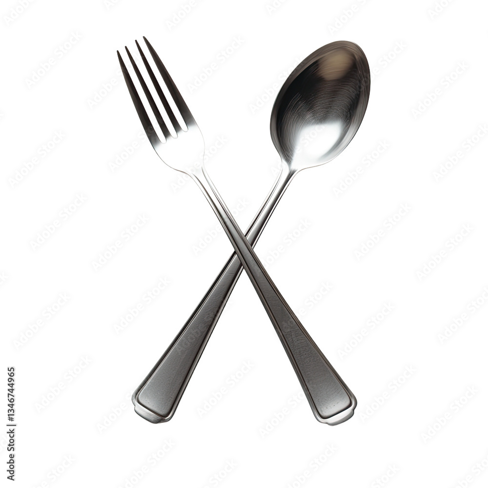 Crossed aluminum spoon and fork on clean transparent background, professional studio lighting for commercial food packaging and advertising materials. Crossed aluminum spoon and fork on clean transparent background, professional studio lighting for commercial food packaging and advertising materials.