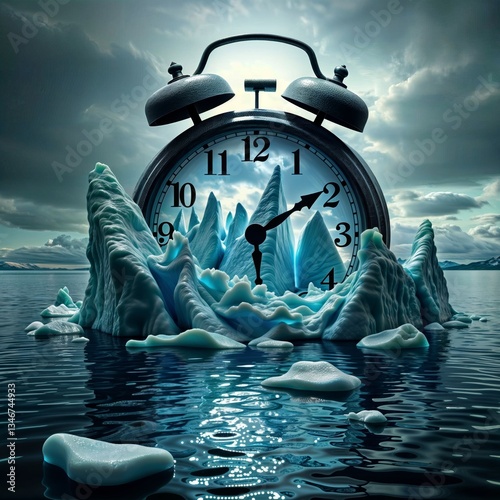 Obraz na płótnie Climate change concept. Surreal composite of alarm clock with melting icebergs and glaciers in teal water representing urgent time for climate action. w salonie