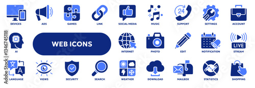 Set of vector solid icons related to internet, communication, contact. Symbols for website or app UI, logo design, illustration